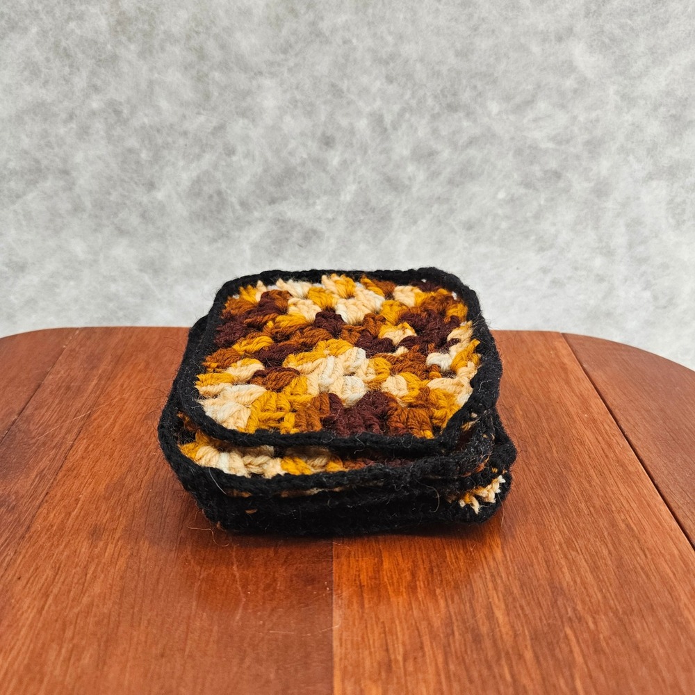 Handmade Crochet Coasters Set of 5‎ Brown Yellow Black orange Drink Coasters
